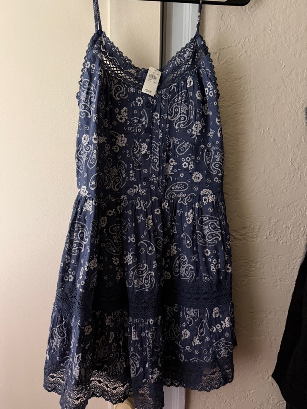 aerie Navy Blue Paisley Lace-Trim Dress